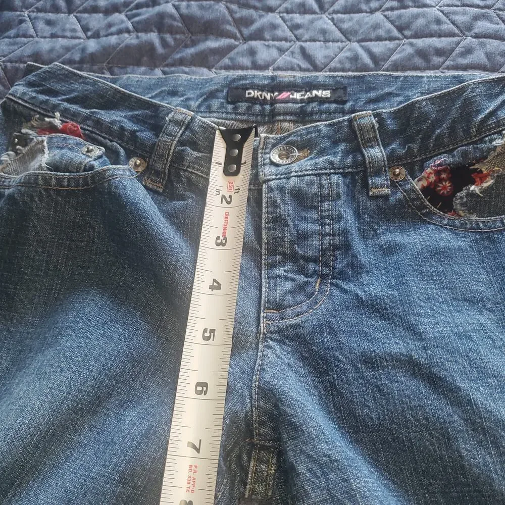 Vintage DKNY Size 1 (28x31) Boho Patchwork Low Rise Flare Jean Y2K Festival Boho